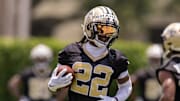 Jun 10, 2025; New Orleans, LA, USA;  New Orleans Saints wide receiver Rashid Shaheed (22) during receiver drills during minicamp at Ochsner Sports Performance Center. Mandatory Credit: Stephen Lew-Imagn Images