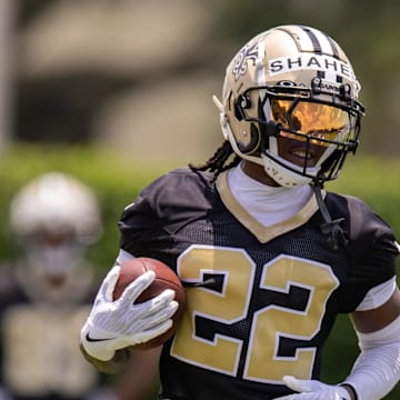 Jun 10, 2025; New Orleans, LA, USA;  New Orleans Saints wide receiver Rashid Shaheed (22) during receiver drills during minicamp at Ochsner Sports Performance Center. Mandatory Credit: Stephen Lew-Imagn Images