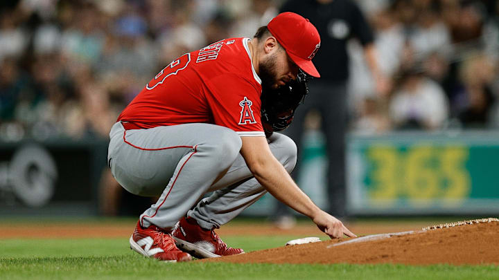 Sep 19, 2025; Denver, Colorado, USA; Los Angeles Angels relief pitcher Chase Silseth (63) before taking the mound in the fifth inning against the Colorado Rockies at Coors Field. Mandatory Credit: Isaiah J. Downing-Imagn Images