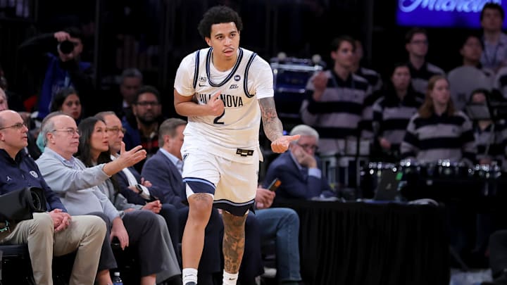 Mar 12, 2026; New York, NY, USA; Villanova Wildcats guard Bryce Lindsay (2) celebrates his three point shot against the Georgetown Hoyas during the first half at Madison Square Garden. Mandatory Credit: Brad Penner-Imagn Images