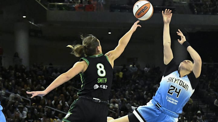 Jul 14, 2025; Chicago, Illinois, USA; Minnesota Lynx forward Alanna Smith (8) defends against Chicago Sky guard Rachel Banham (24) during the second half at Wintrust Arena. Mandatory Credit: Matt Marton-Imagn Images Jul 14, 2025; Chicago, Illinois, USA; Minnesota Lynx forward Alanna Smith (8) defends against Chicago Sky guard Rachel Banham (24) during the second half at Wintrust Arena. Mandatory Credit: Matt Marton-Imagn Images