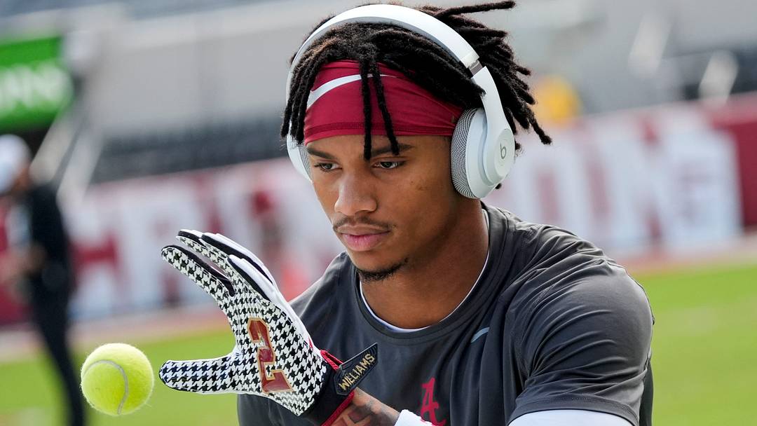 Nov 22, 2025; Tuscaloosa, Alabama, USA;  Alabama wide receiver Ryan Williams (2) does a drill catching tennis balls before the game with Eastern Illinois at Saban Field at Bryant-Denny Stadium. Mandatory Credit: Gary Cosby Jr.-Imagn Images