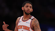 May 21, 2025; New York, New York, USA; New York Knicks guard Cameron Payne (1) looks on in the third quarter against the Indiana Pacers during game one of the eastern conference finals for the 2025 NBA Playoffs at Madison Square Garden. Mandatory Credit: Brad Penner-Imagn Images