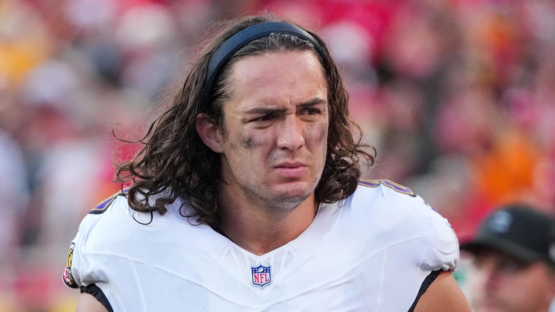 Baltimore Ravens tight end Charlie Kolar on the sidelines against the Kansas City Chiefs during a game at Arrowhead Stadium Baltimore Ravens tight end Charlie Kolar on the sidelines against the Kansas City Chiefs during a game at Arrowhead Stadium