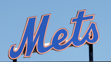 Mar 26, 2022; Port St. Lucie, Florida, USA;  The New York Mets logo stands in center field before the game against the Washington Nationals at Clover Park. Mandatory Credit: Reinhold Matay-Imagn Images