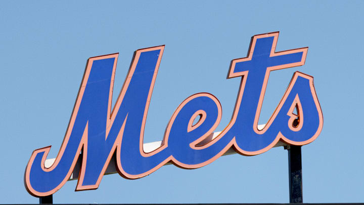 Mar 26, 2022; Port St. Lucie, Florida, USA;  The New York Mets logo stands in center field before the game against the Washington Nationals at Clover Park. Mandatory Credit: Reinhold Matay-Imagn Images