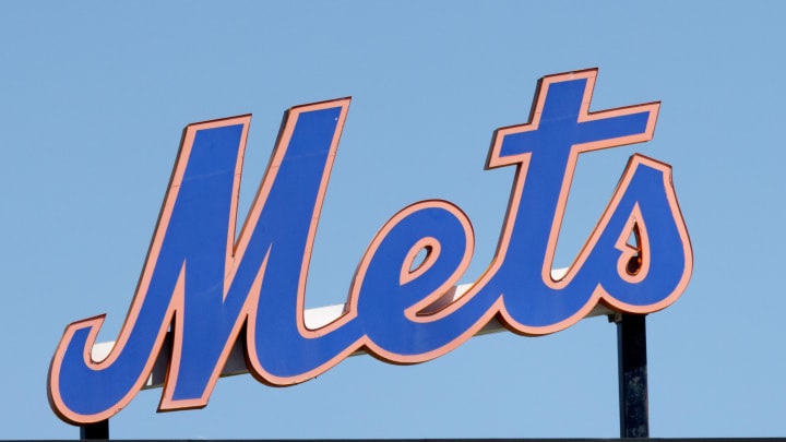 Mar 26, 2022; Port St. Lucie, Florida, USA;  The New York Mets logo stands in center field before the game against the Washington Nationals at Clover Park. Mandatory Credit: Reinhold Matay-USA TODAY Sports