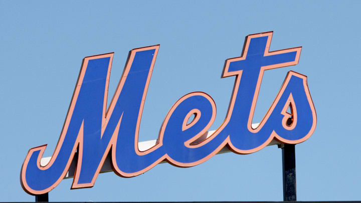 Mar 26, 2022; Port St. Lucie, Florida, USA;  The New York Mets logo stands in center field before the game against the Washington Nationals at Clover Park. Mandatory Credit: Reinhold Matay-Imagn Images