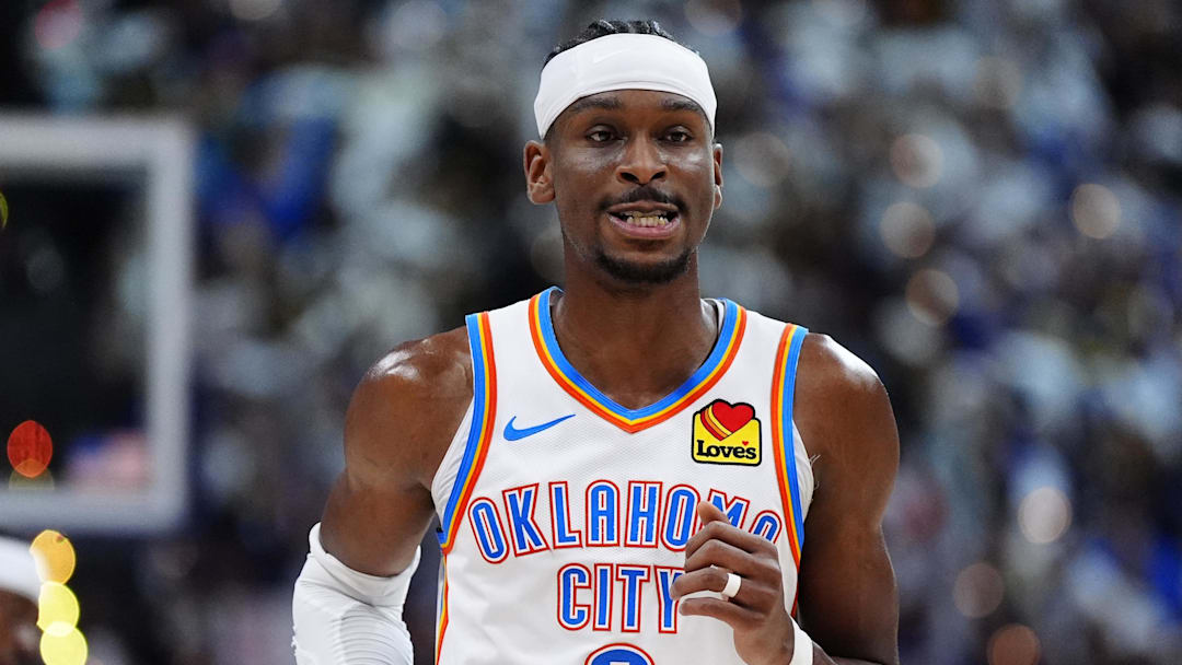 May 9, 2025; Denver, Colorado, USA; Oklahoma City Thunder guard Shai Gilgeous-Alexander (2) during the second half against the Denver Nuggets during game three of the second round for the 2025 NBA Playoffs at Ball Arena. Mandatory Credit: Ron Chenoy-Imagn Images