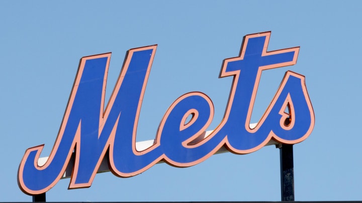 Mar 26, 2022; Port St. Lucie, Florida, USA;  The New York Mets logo stands in center field before the game against the Washington Nationals at Clover Park. Mandatory Credit: Reinhold Matay-USA TODAY Sports