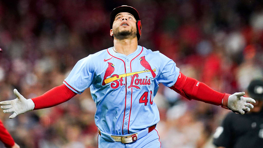 St. Louis Cardinals first baseman Willson Contreras (40) celebrates after hitting a homer in the seventh inning of a MLB game between the Cincinnati Reds and St. Louis Cardinals, Aug. 30, 2025, at Great American Ball Park in downtown Cincinnati. Cardinals won 4-2. St. Louis Cardinals first baseman Willson Contreras (40) celebrates after hitting a homer in the seventh inning of a MLB game between the Cincinnati Reds and St. Louis Cardinals, Aug. 30, 2025, at Great American Ball Park in downtown Cincinnati. Cardinals won 4-2.