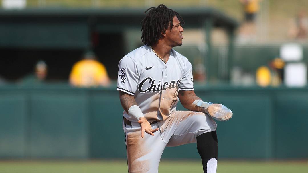 Apr 18, 2026; West Sacramento, California, USA; Chicago White Sox shortstop Luisangel Acuna (0) looks on after stealing second base during the ninth inning against the Athletics at Sutter Health Park. Mandatory Credit: Scott Marshall-Imagn Images