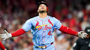 St. Louis Cardinals first baseman Willson Contreras (40) celebrates after hitting a homer in the seventh inning of a MLB game between the Cincinnati Reds and St. Louis Cardinals, Aug. 30, 2025, at Great American Ball Park in downtown Cincinnati. Cardinals won 4-2.