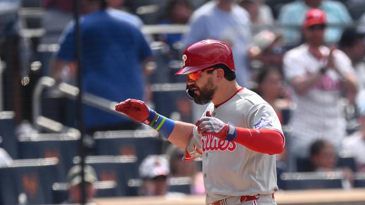Jun 28, 2026; New York City, New York, USA; Philadelphia Phillies designated hitter Kyle Schwarber (12) reacts after hitting a two run home run against the New York Mets during the seventh inning at Citi Field. Mandatory Credit: John Jones-Imagn Images