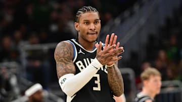 Milwaukee Bucks guard Kevin Porter reacts in the fourth quarter against the New Orleans Pelicans at Fiserv Forum on April 10.