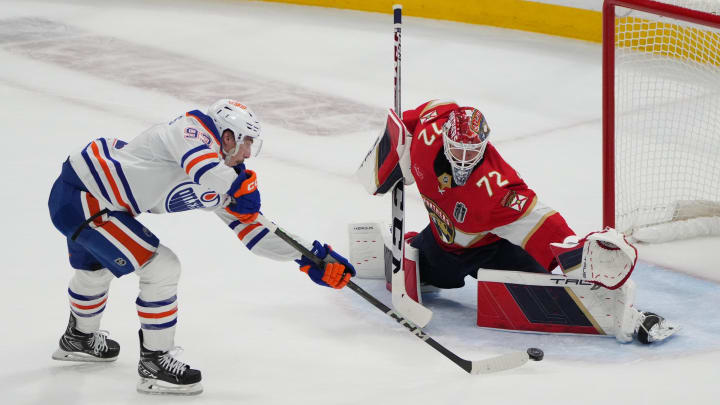 Edmonton Oilers forward Ryan Nugent-Hopkins (93) shoots the puck against Florida Panthers goaltender Sergei Bobrovsky (72)