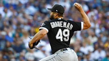 Sep 5, 2022; Seattle, Washington, USA; Chicago White Sox relief pitcher Kendall Graveman (49) throws against the Seattle Mariners during the eighth inning at T-Mobile Park. Mandatory Credit: Joe Nicholson-Imagn Images