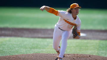 Tennessee's Chase Dollander (11) pitches during the Tennessee vs. Wake Forest scrimmage at Lindsey Nelson Stadium