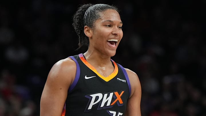 Sep 2, 2025; Phoenix, Arizona, USA; Phoenix Mercury forward Alyssa Thomas (25) reacts after scoring against the Indiana Fever in the second half at PHX Arena. Mandatory Credit: Rick Scuteri-Imagn Images