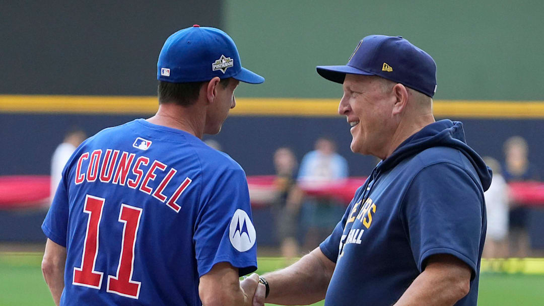 Chicago Cubs manager Craig Counsell (11) and Milwaukee Brewers manager Pat Murphy (49) shake hands before the National League Division Series game on Saturday October 4, 2025 at American Family Field in Milwaukee, Wisconsin.