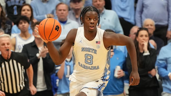 Feb 7, 2026; Chapel Hill, North Carolina, USA; North Carolina Tar Heels forward Caleb Wilson (8) with the ball in the second half at Dean E. Smith Center. Mandatory Credit: Bob Donnan-Imagn Images