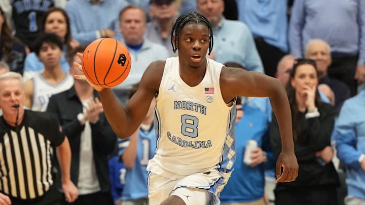 Feb 7, 2026; Chapel Hill, North Carolina, USA; North Carolina Tar Heels forward Caleb Wilson (8) with the ball in the second half at Dean E. Smith Center. Mandatory Credit: Bob Donnan-Imagn Images