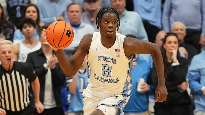 Feb 7, 2026; Chapel Hill, North Carolina, USA; North Carolina Tar Heels forward Caleb Wilson (8) with the ball in the second half at Dean E. Smith Center. Mandatory Credit: Bob Donnan-Imagn Images