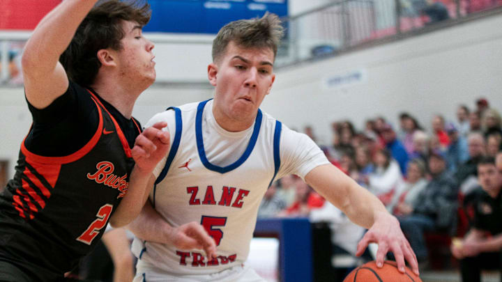 Zane Trace takes on Nelsonville-York in Division V boys basketball tournament action on Feb. 21, 2025, at Zane Trace High School in Chillicothe, Ohio.