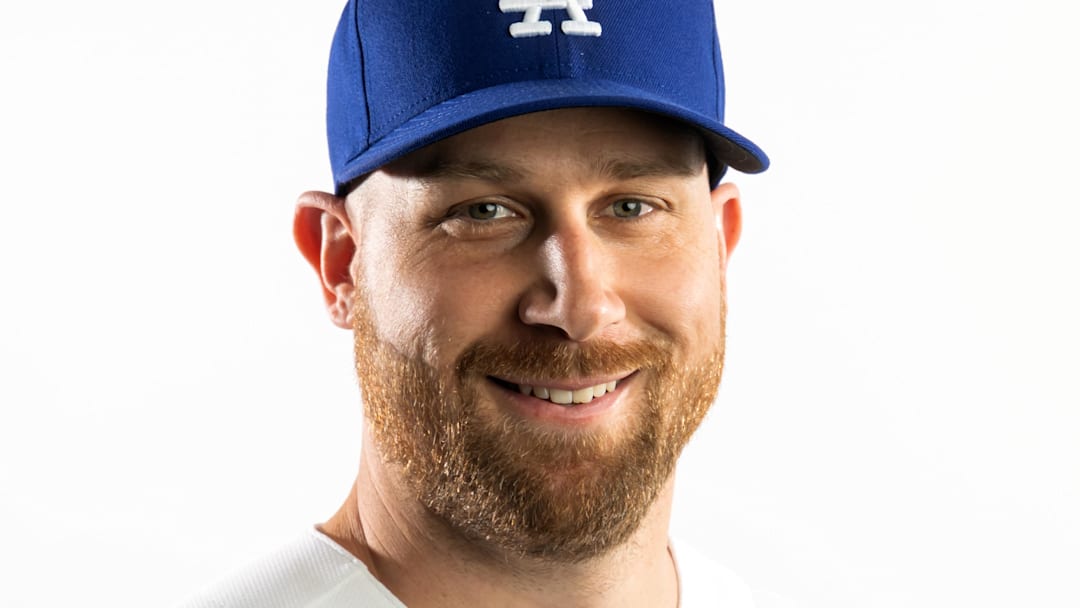 Feb 19, 2026; Glendale, AZ, USA; Los Angeles Dodgers pitcher Brock Stewart poses for a portrait during photo day at Camelback Ranch. Mandatory Credit: Mark J. Rebilas-Imagn Images
