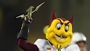 Nov 22, 2025; Boulder, Colorado, USA; Arizona State Sun Devils mascot Sparky before the game against the Colorado Buffaloes at Folsom Field. Mandatory Credit: Ron Chenoy-Imagn Images