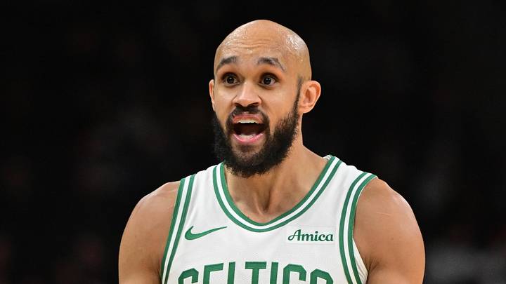 Dec 11, 2025; Milwaukee, Wisconsin, USA;  Boston Celtics guard Derrick White (9) reacts in the third quarter against the Milwaukee Bucks at Fiserv Forum. Mandatory Credit: Benny Sieu-Imagn Images