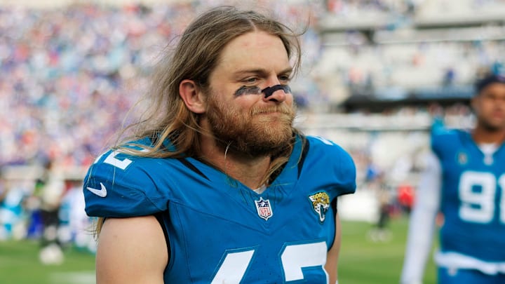 Jacksonville Jaguars safety Andrew Wingard (42) walks off the field after the game of an NFL football AFC Wild Card playoff matchup, Sunday, Jan. 11, 2026, in Jacksonville, Fla. The Bills defeated the Jaguars 27-24.