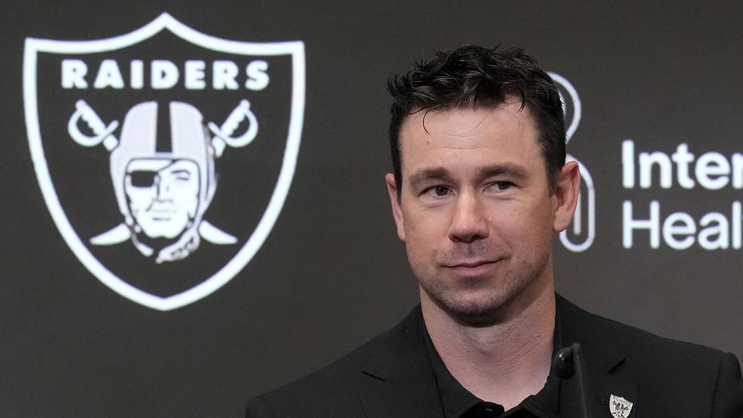 Apr 24, 2026; Henderson, NV, USA; Las Vegas Raiders coach Klint Kubiak at press conference at Intermountain Health Performance Center. Mandatory Credit: Kirby Lee-Imagn Images