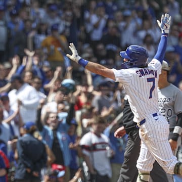 May 17, 2025; Chicago, Illinois, USA; Chicago Cubs shortstop Dansby Swanson (7) round the bases after hitting a solo home run against the Chicago White Sox during the fifth inning at Wrigley Field. 