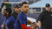 Nov 1, 2024; Boca Raton, Florida, USA;  Florida Atlantic Owls quarterback Cam Fancher (1) throws a warmup pass before the game against the South Florida Bulls at FAU Stadium. Mandatory Credit: Reinhold Matay-Imagn Images