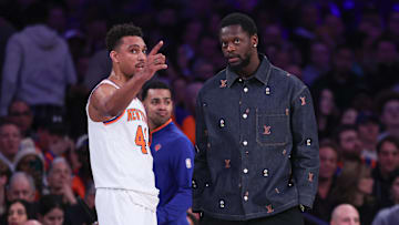 Feb 8, 2024; New York, New York, USA; New York Knicks guard Charlie Brown Jr. (44) talks with forward Julius Randle (30) during the half against the Dallas Mavericks at Madison Square Garden. Mandatory Credit: Vincent Carchietta-Imagn Images