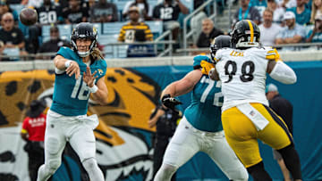 Jacksonville Jaguars quarterback Trevor Lawrence (16) passes during the first half of the first preseason game where the Jacksonville Jaguars hosted the Pittsburgh Steelers Saturday Aug. 9, 2025, at EverBank Stadium in Jacksonville, Fla. [Doug Engle/Florida Times-Union]