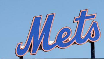 Mar 26, 2022; Port St. Lucie, Florida, USA;  The New York Mets logo stands in center field before the game against the Washington Nationals at Clover Park. Mandatory Credit: Reinhold Matay-USA TODAY Sports