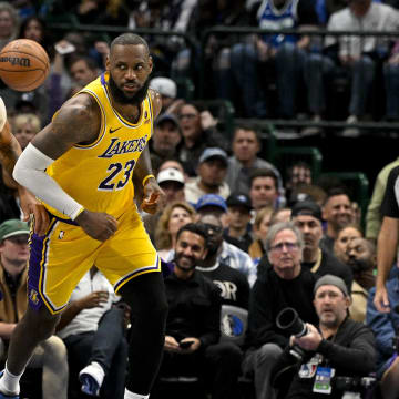 Dec 12, 2023; Dallas, Texas, USA; Los Angeles Lakers forward Anthony Davis (3) and forward LeBron James (23) run back up the court during the second half against the Dallas Mavericks at the American Airlines Center. Mandatory Credit: Jerome Miron-USA TODAY Sports