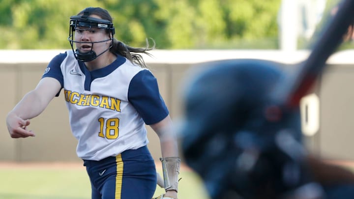 Michigan Wolverines starting pitcher Lauren Derkowski (18) pitches Friday, May 9, 2025, during the Big Ten softball tournament game against the Purdue Boilermakers at Purdue University’s Bittinger Stadium in West Lafayette, Indiana. Michigan won 4-2.
