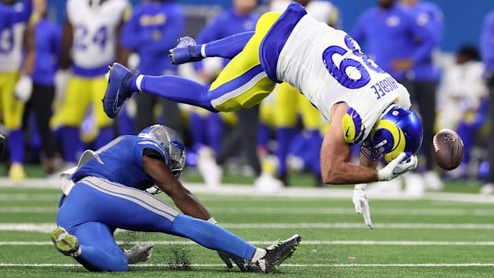 NFC Wild Card Playoffs - Los Angeles Rams Tyler Higbee v Detroit Lions Kerby Joseph