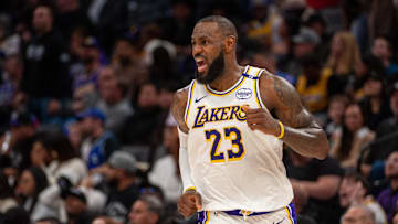 Dec 21, 2024; Sacramento, California, USA; Los Angeles Lakers forward LeBron James (23) calls out to his team mates during the fourth quarter of the game against the Sacramento Kings at Golden 1 Center. Mandatory Credit: Ed Szczepanski-Imagn Images
