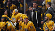 Nov 26, 2023; Nashville, Tennessee, USA; Nashville Predators head coach Andrew Brunette talks to players from the bench before a face off during the third period against the Winnipeg Jets at Bridgestone Arena. Mandatory Credit: Christopher Hanewinckel-Imagn Images