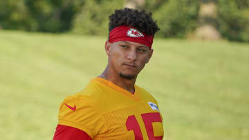 Jul 28, 2021; St. Joseph, MO, United States; Kansas City Chiefs quarterback Patrick Mahomes (15) walks down the hill from the locker room to the practice fields during training camp at Missouri Western State University. Mandatory Credit: Denny Medley-USA TODAY Sports