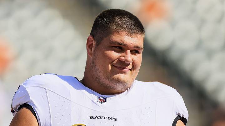 Oct 6, 2024; Cincinnati, Ohio, USA; Baltimore Ravens center Tyler Linderbaum (64) during warmups before the game against the Cincinnati Bengals at Paycor Stadium. Mandatory Credit: Katie Stratman-Imagn Images