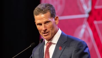 Oklahoma coach Brent Venables speaking at Omni Dallas Hotel.