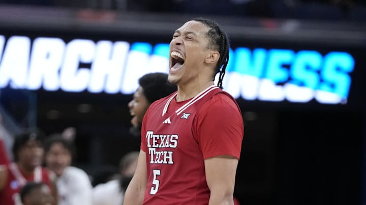 Mar 29, 2025; San Francisco, CA, USA; Texas Tech Red Raiders forward Darrion Williams (5) reacts during the second half against the Florida Gators during the West Regional final of the 2025 NCAA tournament at Chase Center. Mandatory Credit: Kyle Terada-Imagn Images