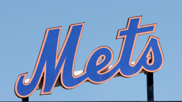 Mar 26, 2022; Port St. Lucie, Florida, USA;  The New York Mets logo stands in center field before the game against the Washington Nationals at Clover Park. Mandatory Credit: Reinhold Matay-USA TODAY Sports