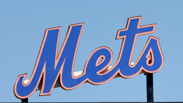 Mar 26, 2022; Port St. Lucie, Florida, USA;  The New York Mets logo stands in center field before the game against the Washington Nationals at Clover Park. Mandatory Credit: Reinhold Matay-USA TODAY Sports