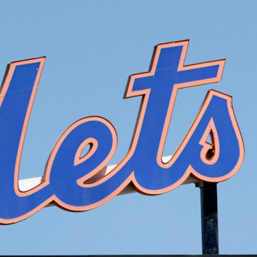 Mar 26, 2022; Port St. Lucie, Florida, USA;  The New York Mets logo stands in center field before the game against the Washington Nationals at Clover Park. Mandatory Credit: Reinhold Matay-Imagn Images